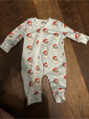 Baby Blue Santa-Print Zip Footed One-Piece